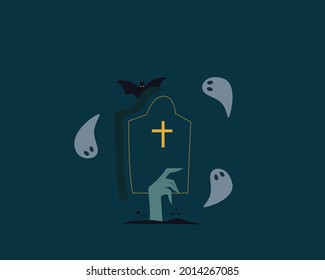 Zombie arm from the ground in the cemetery ghost flying around  tombstone. Scary Halloween concept. Zombie hand, tombstone, bats, ghosts. Vector illustration flat style