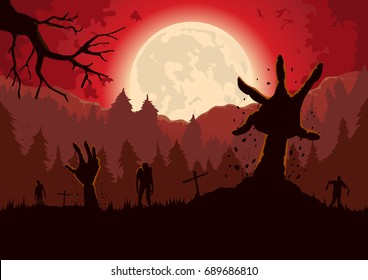 Zombie Arm Out From Ground Of Grave In A Full Moon Night And Red Sky.