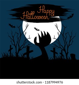 A zombie arm rising from the grave, a cemetery, bats with a full moon background. Background for Halloween