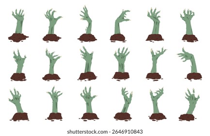 Zombie arms crawl out of graves. Scrawny zombie hands, Halloween spooky monsters bony creepy hands flat vector illustration set. Living dead characters arms sticking out of ground
