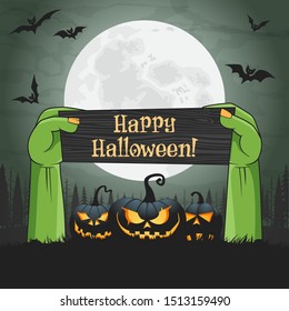 Zombie arms from the ground with invitation to Happy Halloween. Scary Halloween pumpkins, bats and full moon. Cartoon vector illustration