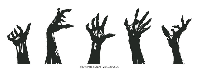 Cartaz de armas de zumbi. Monstros de Halloween mãos ósseas silhuetas, horror magricela zumbi mãos conjunto de ilustração vetor plano. Desenhos animados assustadores vivos mortos assustadores mãos assustadoras