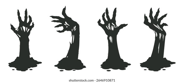 Braços de zumbi saindo do chão. Personagens mortos vivos rastejam para fora de túmulos, monstros assustadores de Halloween assustadores mãos conjunto de ilustração de vetor plano. Silhuetas de mãos zumbis ósseas