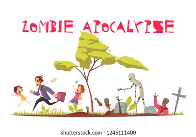 Zombie attack concept with apocalypse and fear symbols flat vector illustration