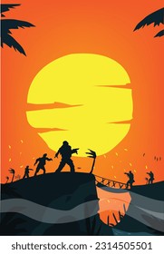 Zombie Attacks a Survivor's camp concept. Editable Clip Art.