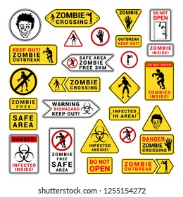 Zombie attention beware and caution sign set. Corpse danger emblem. Vector flat style cartoon illustration isolated on white background