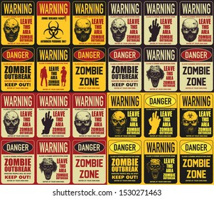 Zombie attention beware and caution sign set. Corpse danger emblem. Vector illustration.