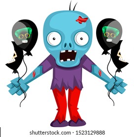 Zombie con globos, ilustración, vector sobre fondo blanco.