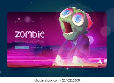 Zombie banner with scary monster, green undead character. Vector landing page with cartoon illustration of creepy dead man with brain and dangling arms walking on river coast at night