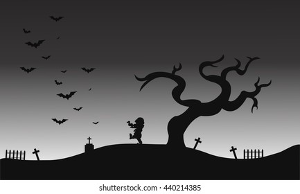Zombie and bat halloween scenery silhouette illustration