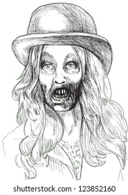 Zombie beauty Sioux enjoys singing about death. Hand drawing accurately converted to vector, outlines in black and gray colors. Hi-Res vector.