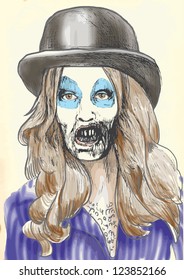 Zombie beauty Sioux enjoys singing about death. Editable in 6 layers. Number of colors in each layer: no more than sixteen. White color is excluded. Vintage paper (background) in the bottom layer.