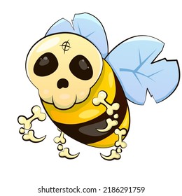 Una abeja zombie con la cabeza del cráneo y garras de hueso. Ilustración vectorial plana aislada en fondo blanco