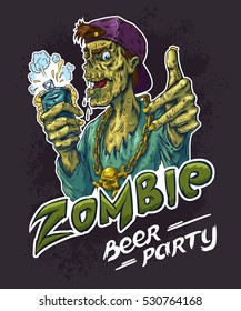 Zombie beer party vector illustration. T-shirt design. Sticker vector illustration.