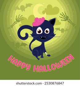 Zombie black cat with exposed brain and Happy Halloween text, Vector