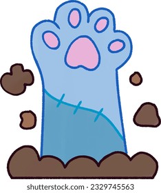 Zombie blue cat raises its legs from the grave
