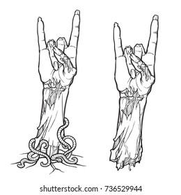 Zombie body language. Sign of the horns. lifelike depiction of the rotting flash with ragged skin, protruding bones and cracked nails. linear drawing isolated on white background. EPS10 vector