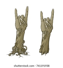 Zombie body language. Sign of the horns. lifelike depiction of the rotting flash with ragged skin, protruding bones and cracked nails. Monochrome linear drawing isolated on white background. EPS10