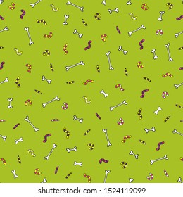 Zombie bones and worms, Halloween seamless pattern. Little bones and worms on a green background.