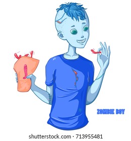 Zombie boy in blue t-shirt. Smiley face