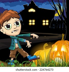 Zombie boy and Jack-o-lanterns near the haunted house. Abstract Halloween background