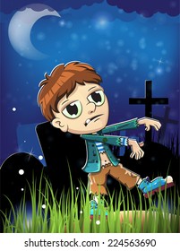 Zombie  boy on a night cemetery. Halloween night scene