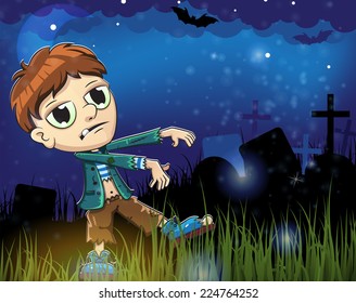 Zombie  boy on a night cemetery. Halloween night scene