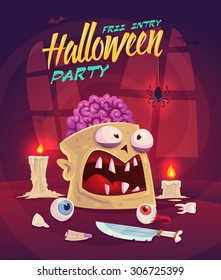 Zombie with brain. Horror set. Halloween poster background card. Vector illustration.