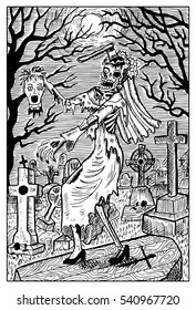 Zombie bride with groom head on cemetery. Fantasy magic creatures collection. Hand drawn vector illustration. Engraved line art drawing, graphic mythical doodle. Template for card game, poster