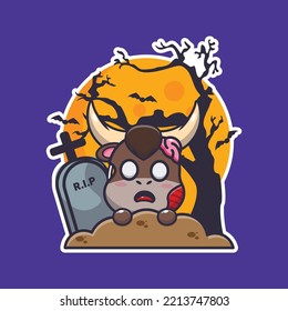 Zombie bull rise from graveyard in halloween day. Cute halloween cartoon illustration.