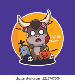 Zombie bull want candy. Cute halloween cartoon illustration.
