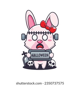 Zombie bunny holding halloween greeting stone.