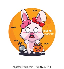 Zombie bunny want candy. Cute halloween cartoon illustration.