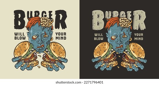 Zombie burger or american fast food or USA food with walking dead or undead with hamburger for logo or poster. Tasty burger in zombie hands