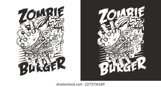 Zombie burger or american fast food or USA food with walking dead or undead with hamburger for logo or poster. Tasty burger in zombie hands