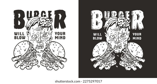 Zombie burger or american fast food or USA food with walking dead or undead with hamburger for logo or poster. Tasty burger in zombie hands