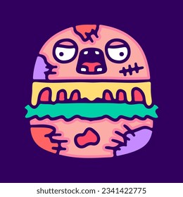 Zombie burger character, illustration for t-shirt, sticker, or apparel merchandise. With doodle, retro, and cartoon style.