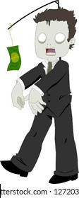 A zombie businesmen chasing a dollar hanging from a stick.