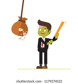 zombie businessman with baseball bat beats bag with candy sweet