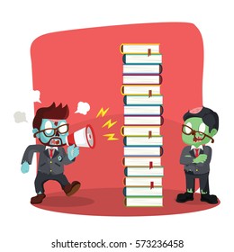 zombie businessman blocking shout with book