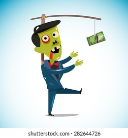 zombie businessman chasing a money hanging from a stick. trying to reach money. working hard for money concept. vector illustration