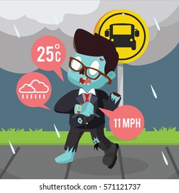 zombie businessman checking weather with his smart watch