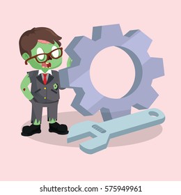 zombie businessman with giant gear and wrench
