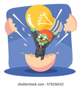 zombie businessman hatching from egg with holding bulb