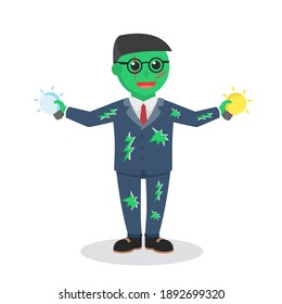 zombie businessman holding functional bulb design character on white background