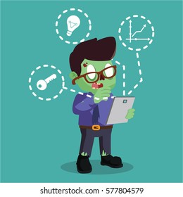 zombie businessman holding tablet