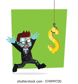 zombie businessman hooked by dollars