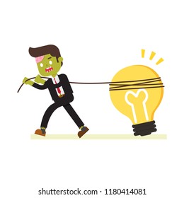 zombie businessman pulling bulb to stand
