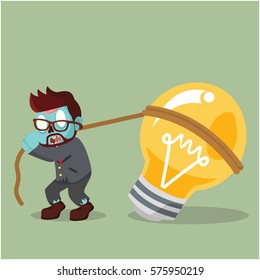 zombie businessman pulling bulb to stand