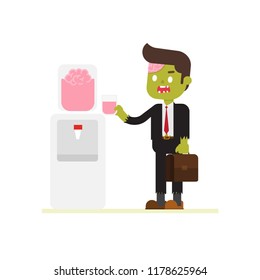 zombie businessman refreshing when drinking cold water brains